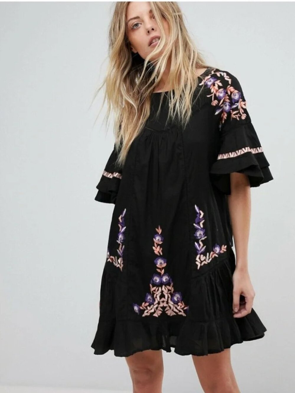 Free People Pavlo Black Mini Dress with Purple and Pink Floral Embroidery